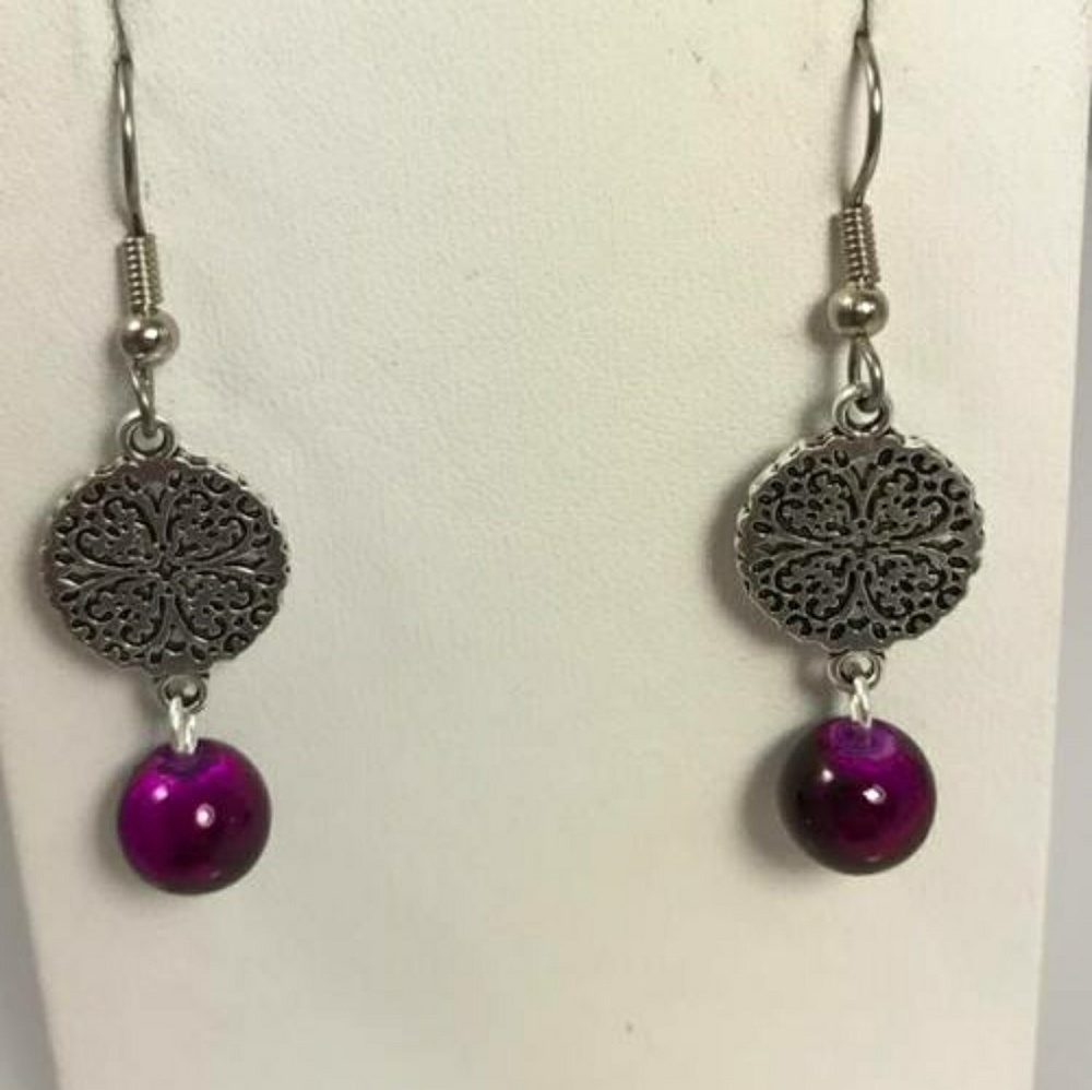 Handmade Disc and Purple Glass Bead Earrings